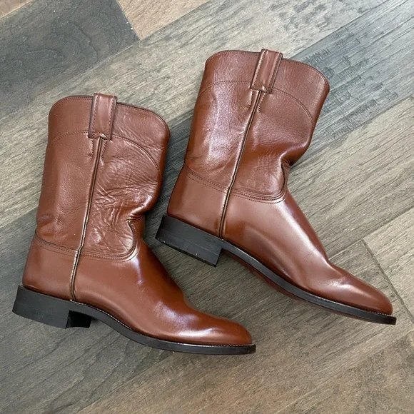 Vintage 80s Justin Cognac Brown Roper Cowboy Boots 7.5 - Picture 3 of 6